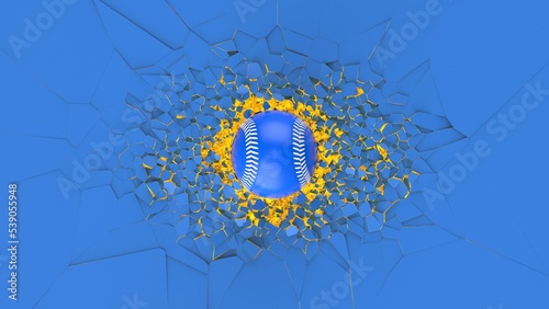 Blue baseball breaking with great force through orange illuminated blue wall under black-white background. 3D high quality rendering.