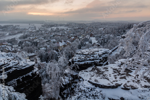 Winter aerial view of Tisa village from Tiske steny rocks, Czech Republic photo