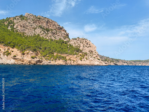 Summer landscape blue sea and mountains copy space. High quality photo