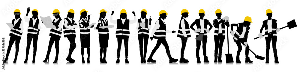 Silhouettes set of female workers with helmets. Vector flat style illustration isolated on white. Full length view Silhouettes set of female workers with helmets. Vector flat style illustration isolated on white. Full length view