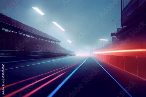 Race Track Arena with Spotlights. Empty Racing track with grandstands, shooting in the middle of the racing track and starting point. 3d render