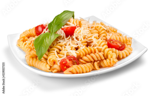 Tableau sur toile A baked dish of fusilli or pasta spirals, with cherry tomatoes, ricotta and parm
