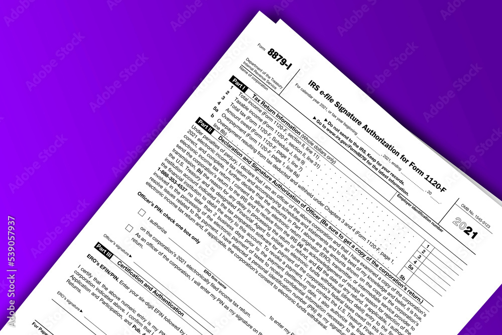 Form 8879-I documentation published IRS USA 44541. American tax document on colored Form 8879-I documentation published IRS USA 44541. American tax document on colored