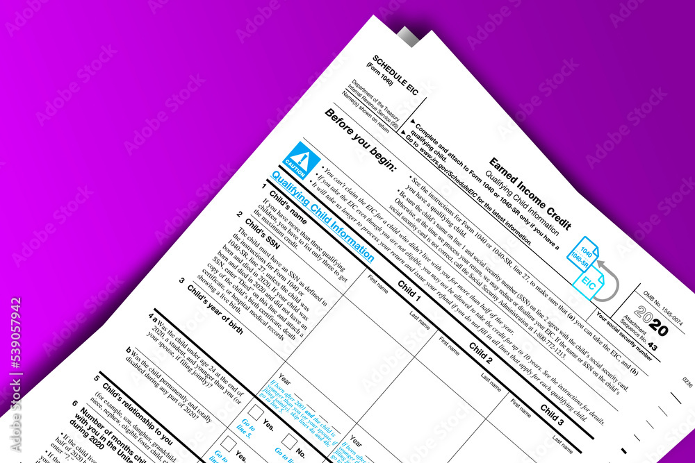 Form 1040 (Schedule EIC) documentation published IRS USA 44147. American tax document on colored Form 1040 (Schedule EIC) documentation published IRS USA 44147. American tax document on colored