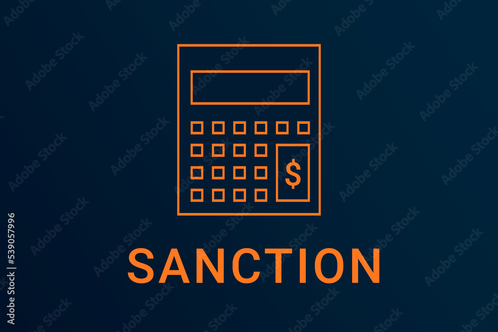 sanction text. Calculator symbolizes economy. sanction logo on dark background. Illustration sanction . Financial screensaver. Minimalist orange calculator sanction text. Calculator symbolizes economy. sanction logo on dark background. Illustration sanction . Financial screensaver. Minimalist orange calculator