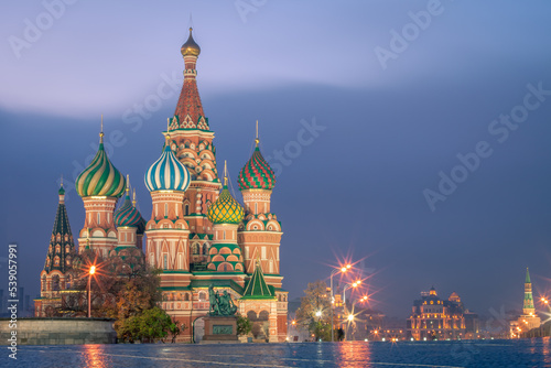 Kremlin and St. Basil's Cathedral at dramatic dawn, red square, Moscow, Russia