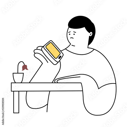 Cartoon man looking at smartphone. Desperate. Lonely. Waiting for online message. Thin line vector illustration on white