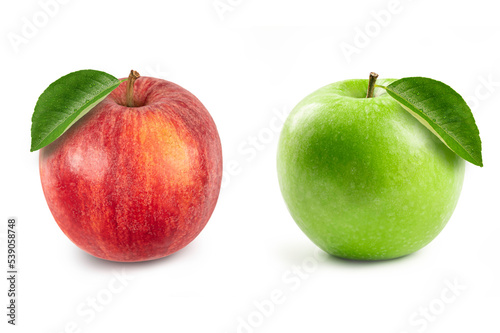 Red and green apples on white background.