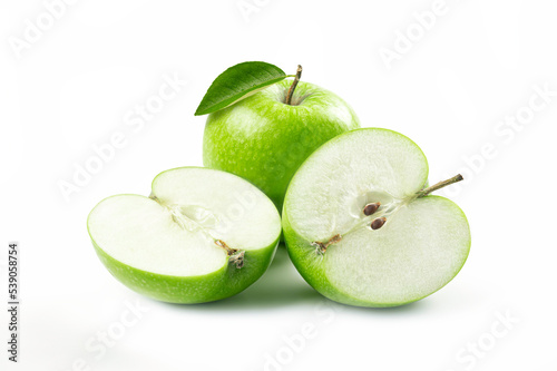 Green apple fruit with cut in half in white background.