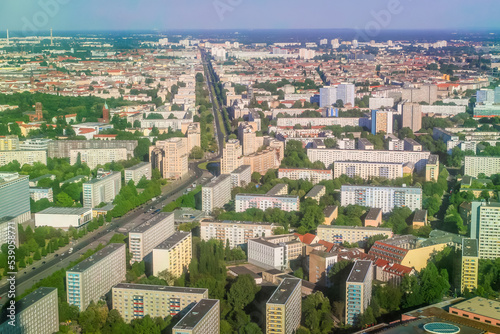 Karl Marx East Berlin avenue and communist era buildings from above, Germany © Aide