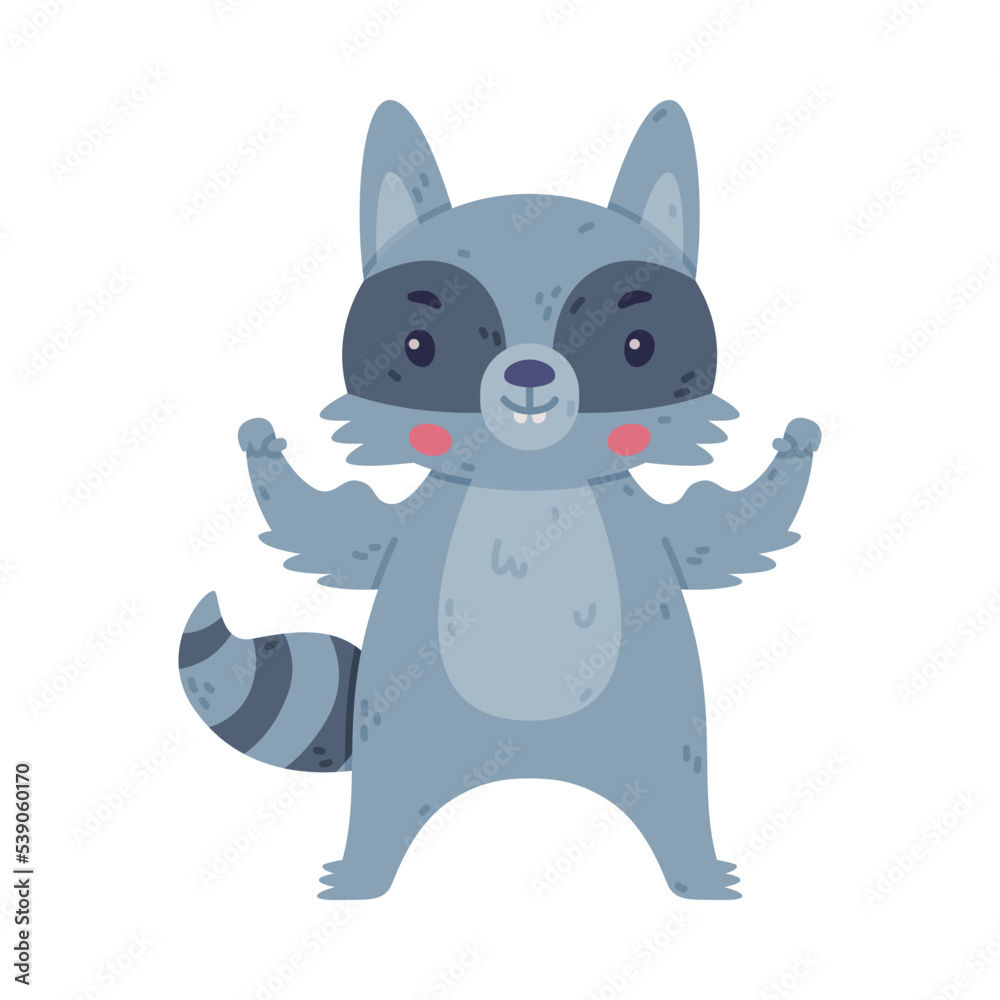 Funny Raccoon Animal Character with Striped Tail Showing Strong Muscle Vector Illustration