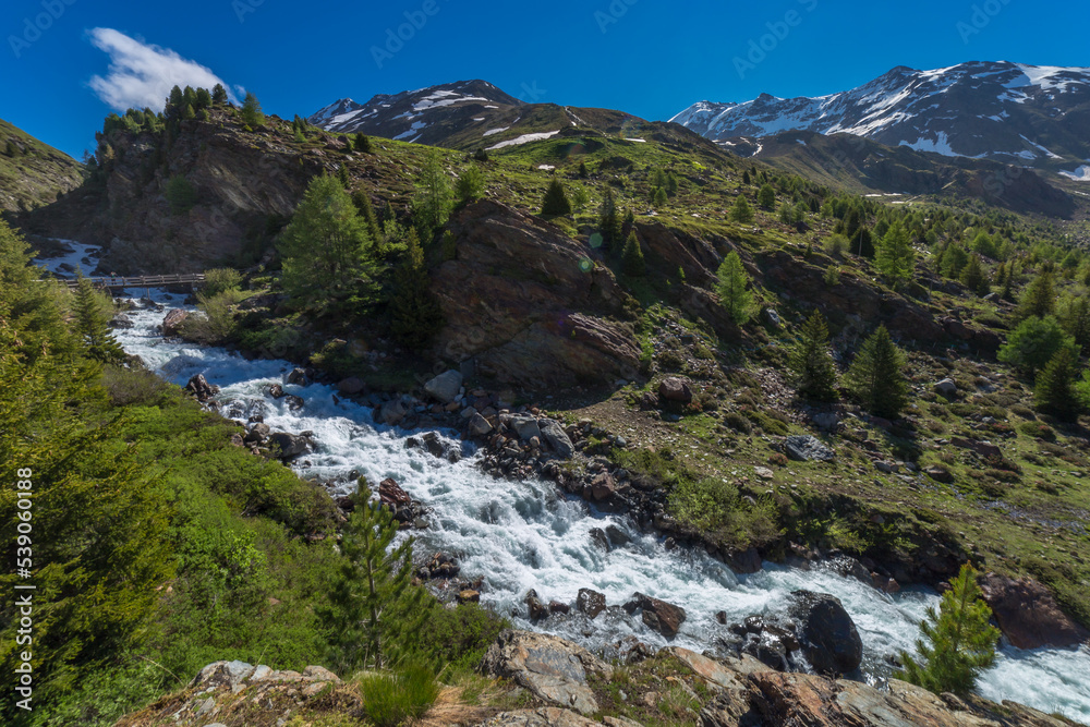 River stream in the mountains, Stelvio national park at clear sky, Italian alps River stream in the mountains, Stelvio national park at clear sky, Italian alps