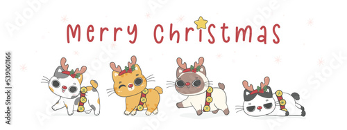 Cute Christmas cats adorned with reindeer antler cartoon hand drawing, Merry Christmas, flat illustration vector banner