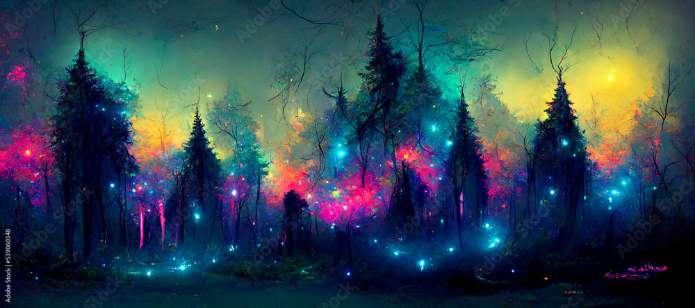 Fairytale Fantasy Night Forest Landscape with Magical Glows, Beautiful Magical Colorful Forest Night Neon Lights Glows