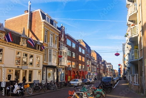 Street of Chinatown of The Hague during daytime. Ethnic enclave in capital of Netherlands.