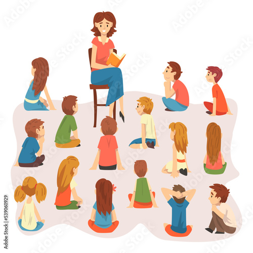 Woman on Chair Reading Book to Little Boy and Girl Sitting on the Floor and Listening to Fairytale Vector Set