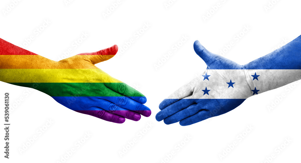 Fototapeta premium Handshake between Honduras and LGBT flags painted on hands, isolated transparent image.
