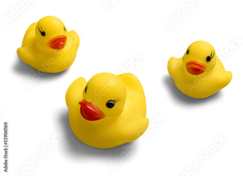 Fototapet Yellow rubber ducks on White Background