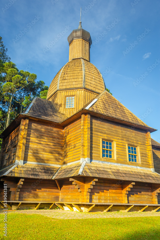 Wooden orthodox ukrainian church in Curitiba, capital of Parana state, Brazil
