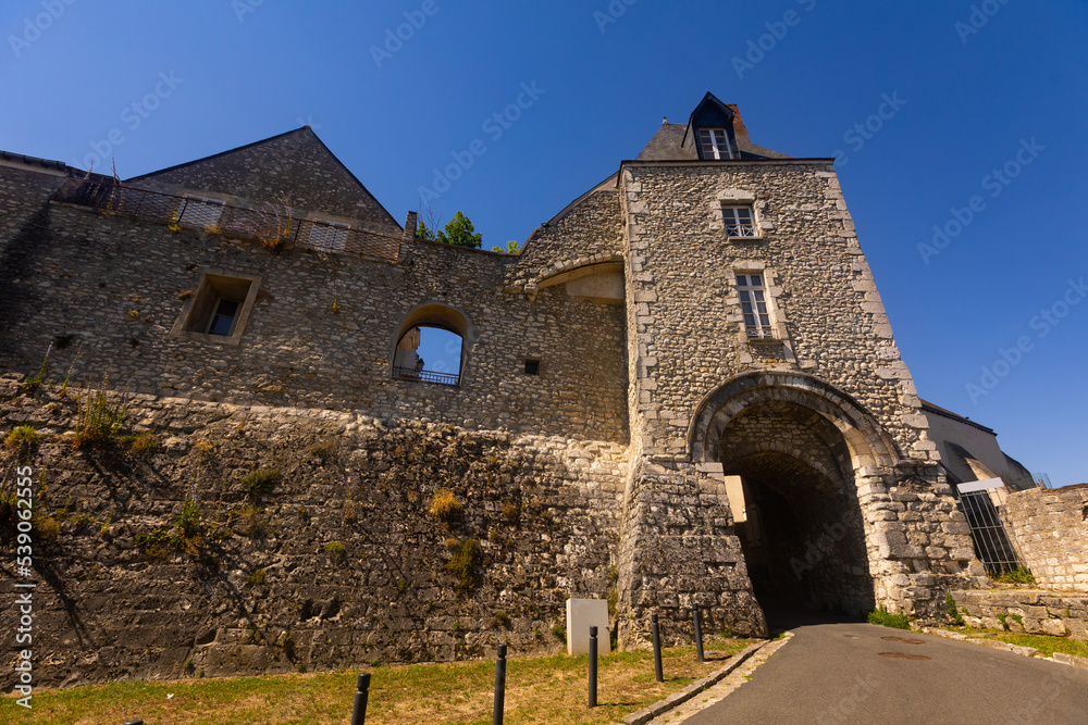 Fototapeta premium View of stone fortified tower with entrance gate to medieval Chateau royal de Montargis on hilltop on sunny summer day, Loiret department, France