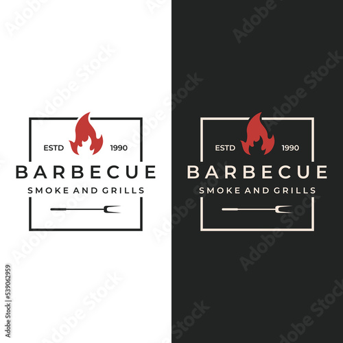 Grilled barbecue typography Logo design with crossed fire and spatula.Logos for restaurants, cafes and bars.
