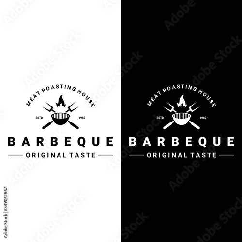 Grilled barbecue typography Logo design with crossed fire and spatula.Logos for restaurants, cafes and bars.