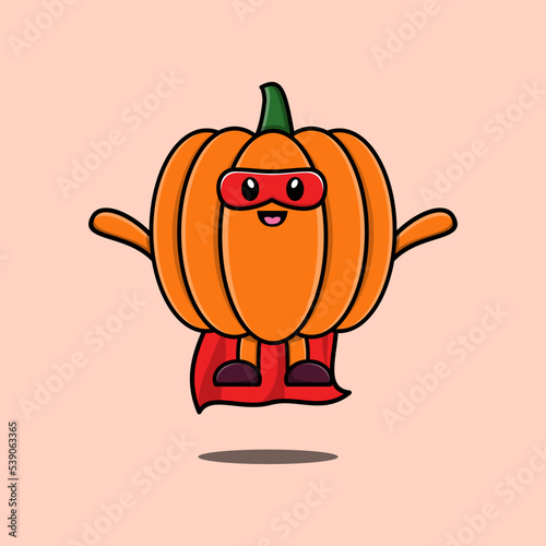 Cute Pumpkin superhero character flying illustration cartoon vector in 3d modern style design