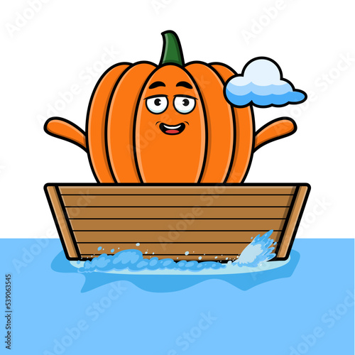 cute cartoon Pumpkin get on boat in vector character illustration