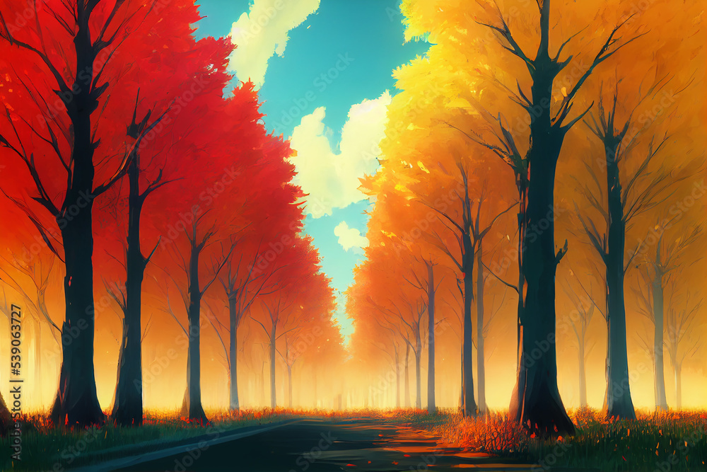Autumn Trees in the City Park Background, Concept Art, Digital Illustration