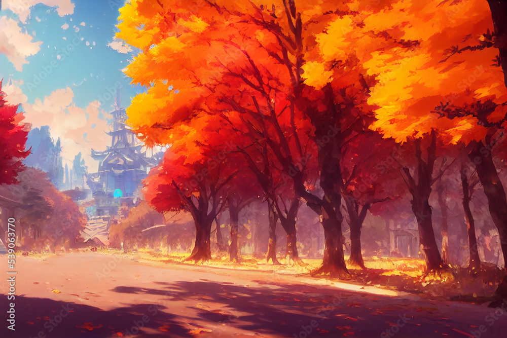 Autumn Trees in the City Park Background, Concept Art, Digital Illustration