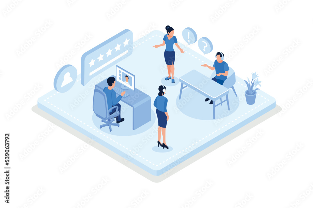 People asking a questions and receiving answers from helpdesk, Customer support, isometric vector modern illustration People asking a questions and receiving answers from helpdesk, Customer support, isometric vector modern illustration