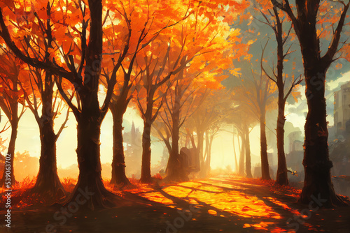 Autumn Trees in the City Park Background  Concept Art  Digital Illustration