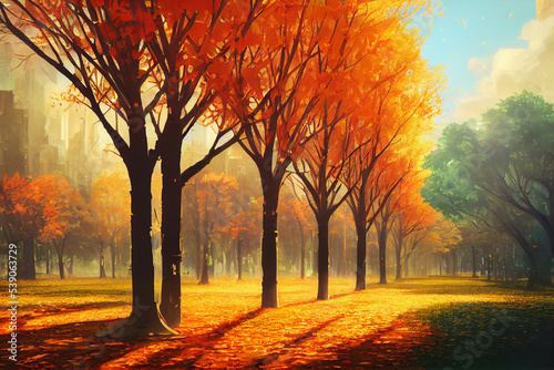 Autumn Trees in the City Park Background  Concept Art  Digital Illustration  Generative AI