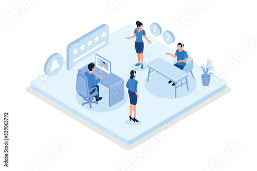 People asking a questions and receiving answers from helpdesk, Customer support, isometric vector modern illustration