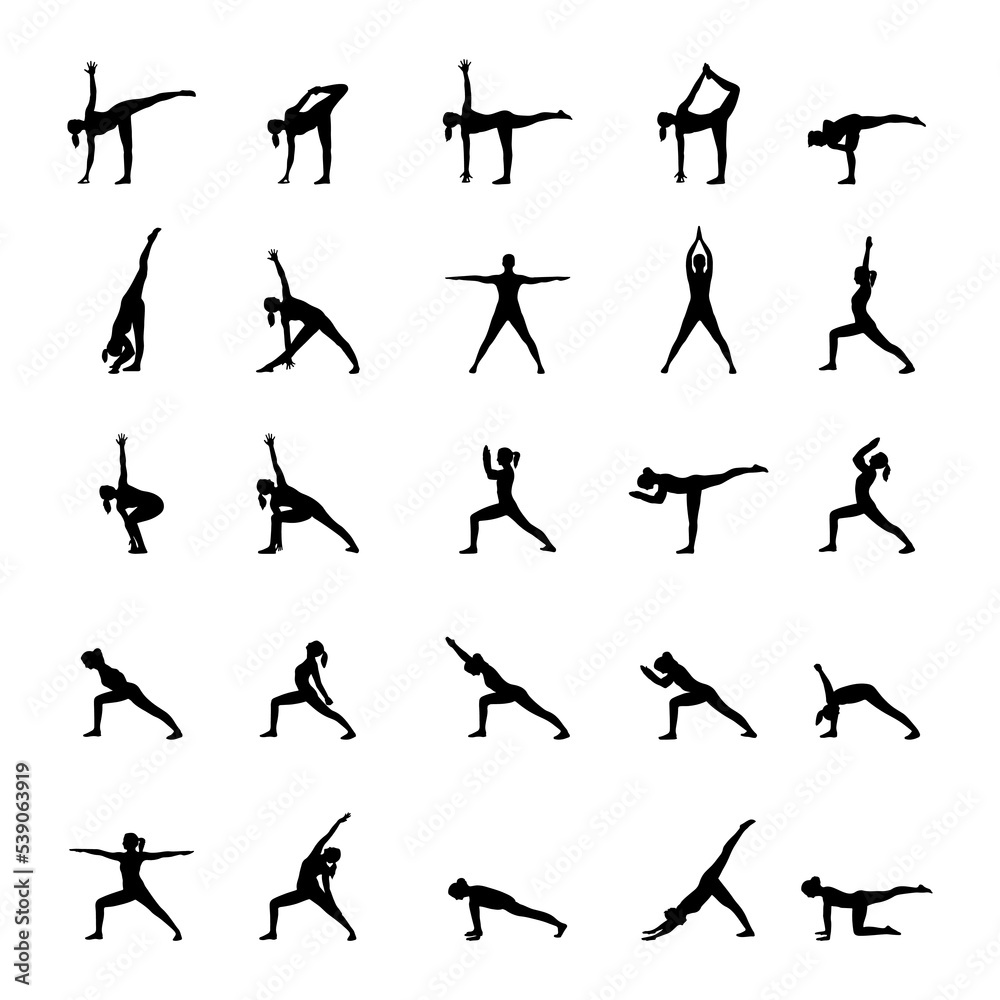 Set of vector silhouettes of woman doing yoga exercises. Icons of flexible girl stretching her body in different yoga poses. Black shapes of woman isolated on white background. Set of vector silhouettes of woman doing yoga exercises. Icons of flexible girl stretching her body in different yoga poses. Black shapes of woman isolated on white background.
