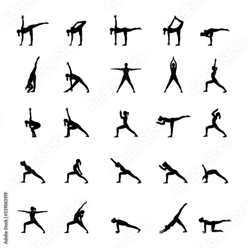 Set of vector silhouettes of woman doing yoga exercises. Icons of flexible girl stretching her body in different yoga poses. Black shapes of woman isolated on white background.