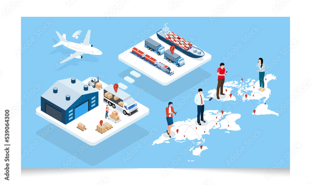 3D isometric Smart global logistics concept with Export, Import, Warehouse business, Robot tracking system and transportation truck use wireless technoloty. Eps10 vector illustration