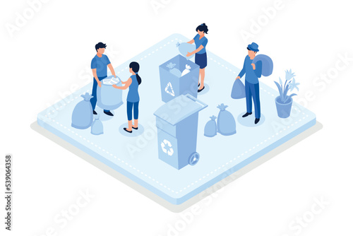 Characters collecting waste in recycle garbage bin, Environmental care and volunteerism concept, isometric vector modern illustration
