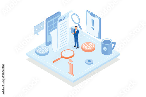Conceptual template with newspaper on smartphone and magnifying glass. Scene for mobile application for reading news, subscription to newsletter, isometric vector modern illustration