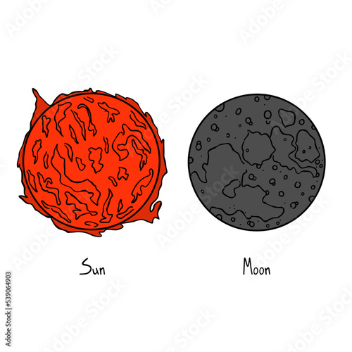 The set of vector sketch sun and moon with lettering in color. Isolated planets.