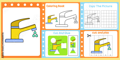 worksheets pack for kids with faucet vector. children's study book