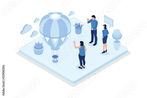 Hr managers flying on air balloon, Job recruitment process concept, isometric vector modern illustration