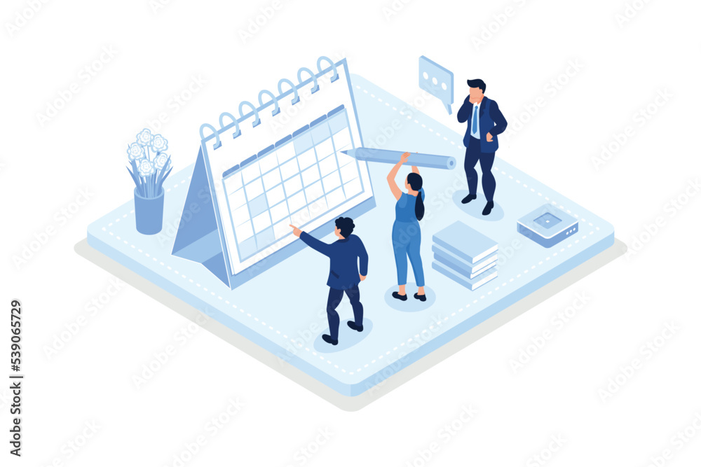 Characters putting stickers on calendar, Daily planning concept, isometric vector modern illustration Characters putting stickers on calendar, Daily planning concept, isometric vector modern illustration