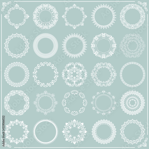 Vintage set of vector round elements. Different round white elements for design frames, cards, menus, backgrounds and monograms. Classic patterns. Set of vintage patterns