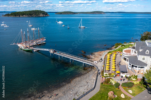 Aerial View of Tall Ships Docked off a Resort in Bar Harbor Maine on a Summer Day