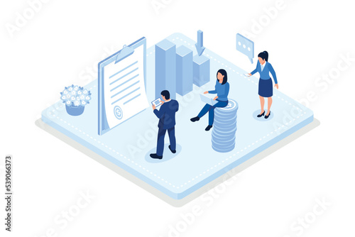 Business characters purchasing bonds or stock on capital market. Financial and stock trading concept, isometric vector modern illustration