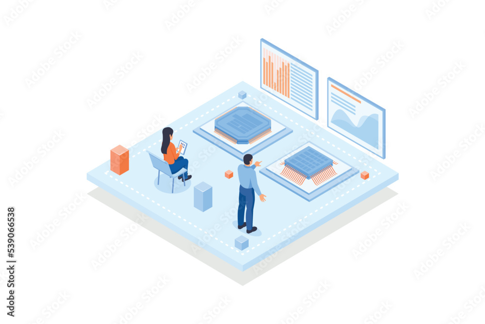 Conceptual template with people and screens with microprocessors performance metrics or indicators. Scene for microchip or integrated circuit comparison, isometric vector modern illustration