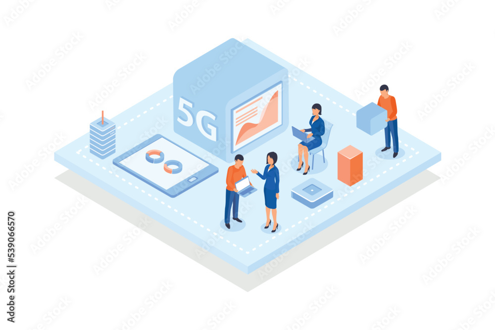 Conceptual template with people looking at charts and diagrams on screens of devices. Scene for mobile networks using 5G technology standard, isometric vector modern illustration Conceptual template with people looking at charts and diagrams on screens of devices. Scene for mobile networks using 5G technology standard, isometric vector modern illustration