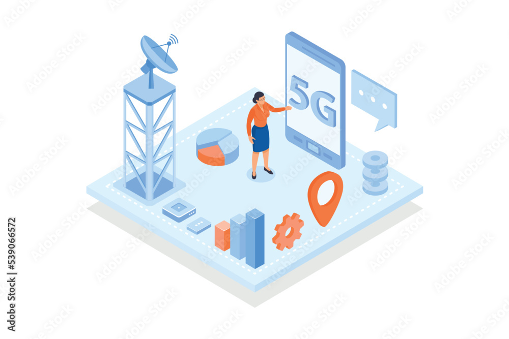 Conceptual template with cell tower and smartphone. Scene for 5G technology standard for digital cellular networks, mobile devices, broadband Internet access, isometric vector modern illustration Conceptual template with cell tower and smartphone. Scene for 5G technology standard for digital cellular networks, mobile devices, broadband Internet access, isometric vector modern illustration
