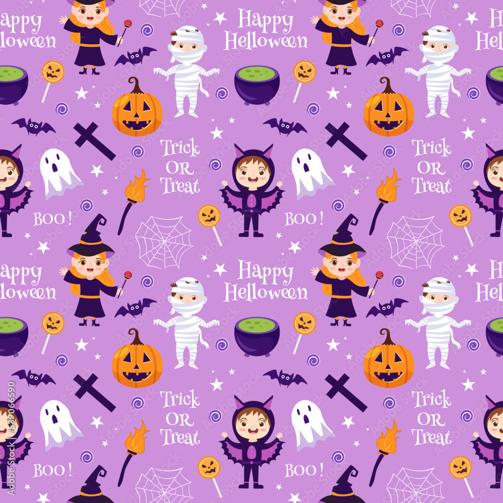Obraz premium Halloween Seamless Pattern Design With Witch, Haunted House, Pumpkins or Bats in Template Hand Drawn Cartoon Flat Illustration